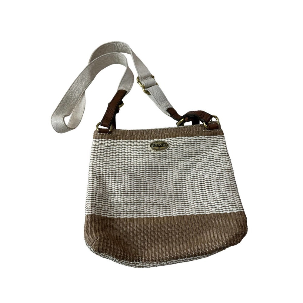 Fossil Crossbody Messenger Bag Saddle Woven Leather Cream Tan Zip Handbag Purse - Picture 4 of 7